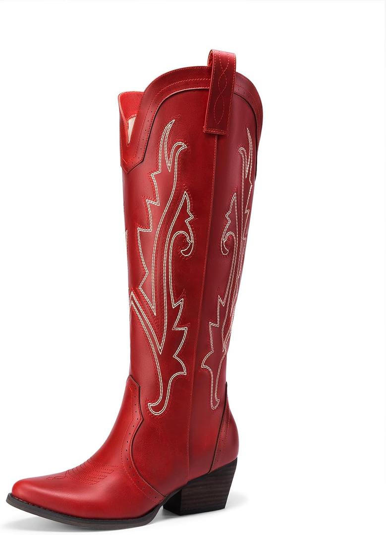 DREAM PAIRS Women's Embroidered Western Pull-On Knee-High Cowboy Boots (12)