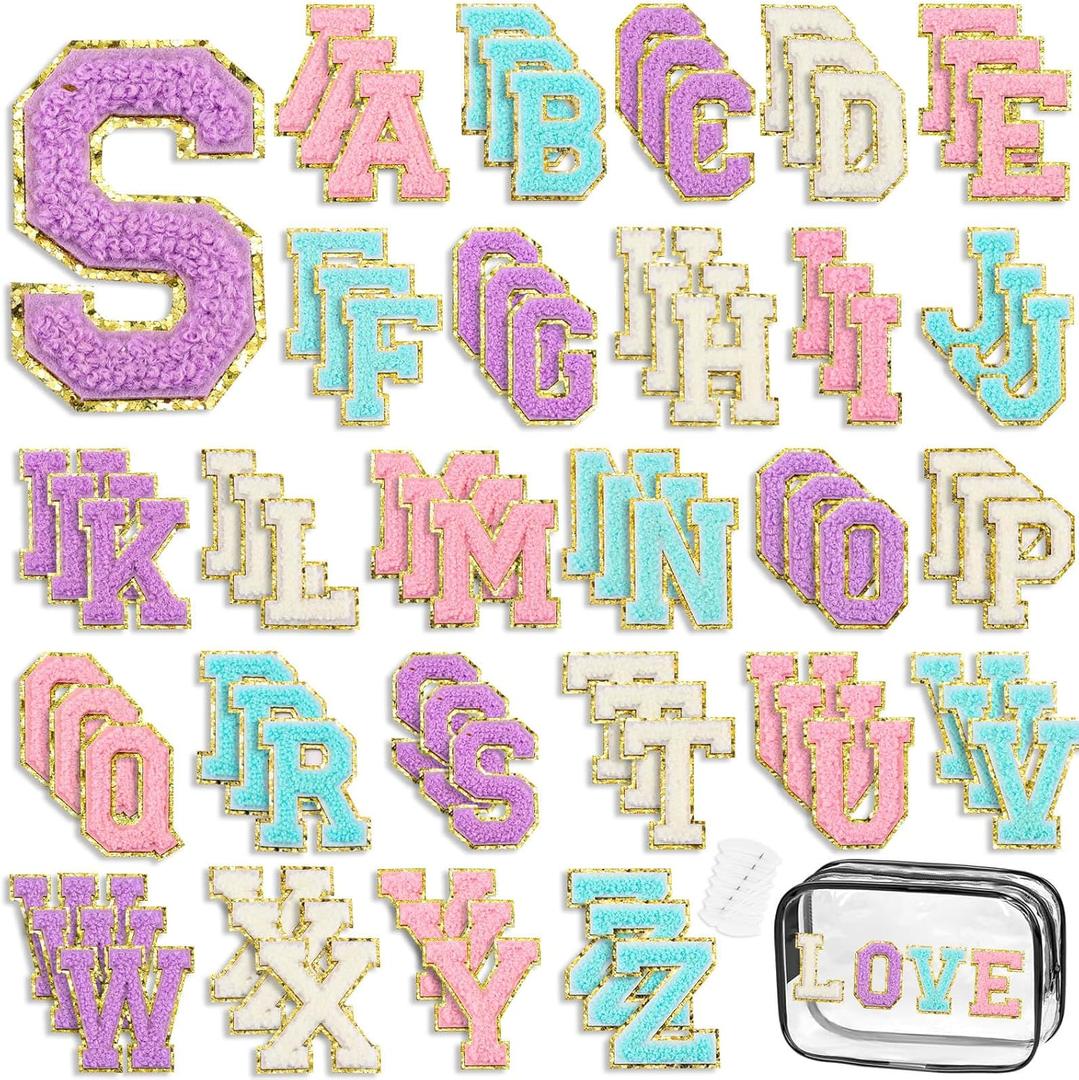 80PCS Chenille Letters Patches, 2.2 Inch Self Adhesive Stickers Patches Varsity Sew On with Gold Glitter Trim, A-Z Multi-Color Letter Patch Sets for Clothing, Bags, Hats, T-Shirt