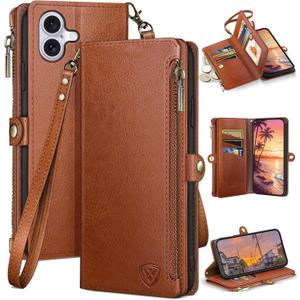 XcaseBar Compatible with iPhone 17 6.3" Wallet case with Zipper Credit Card HolderRFID Blocking,Flip Folio Book PU Leather Phone case Shockproof Cover Women Men for Apple 17 case Light Brown