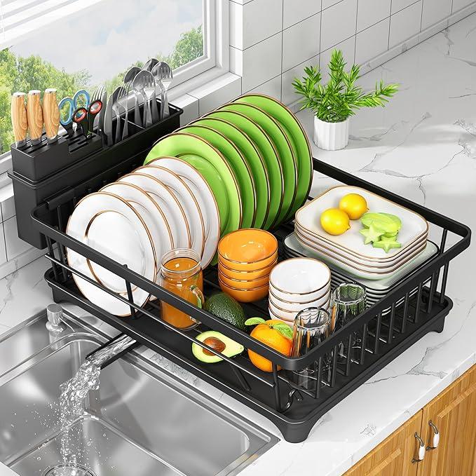 Kmiectse Dish Drying Rack  SpaceSaving Small Dish Rack for Kitchen Counter, RustResistant Kitchen Drying Rack, Compact Dish Drainer Organizer with Utensil Holder for Home Kitchen, Black