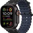 MoKo Ocean Band Compatible with Apple Watch Ultra 3/2/1 49mm, Upgraded Silicone Sports Bands 46mm 45mm 44mm for Men Women, Series 11/10/9/8/7/6/5 SE3/2/1 Breathable Strap with Metal Connector (Extended, Black/Black&Navy Blue)