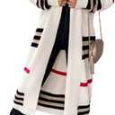 ebossy Women's Vintage Open Front Knit Striped Maxi Long Cardigan Sweater with Pockets (White, 2XL)