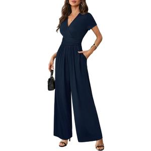 LOOKBOHO Women Dressy Casual Jumpsuits Elegant High Waist Side Ruched Romper Summer Short Sleeves Wide Leg Pants, Medium