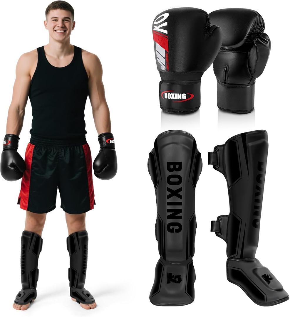Kickboxing Shin Guards Muay Thai Shin Pads with 16 OZ Boxing Gloves, Adjustable Leg Guards with Instep Protection Shinguards with Workout Gloves Martial Arts Training Equipment for MMA Training L
