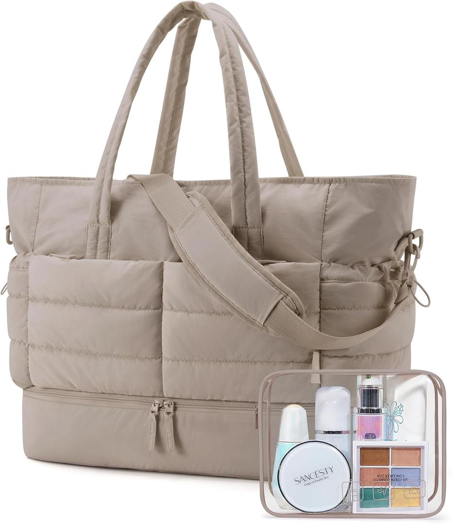 BAGSMART Large Travel Duffel Bag with Shoe Compartment, Puffer Carry-On Gym Weekender Bag for Women, Camel