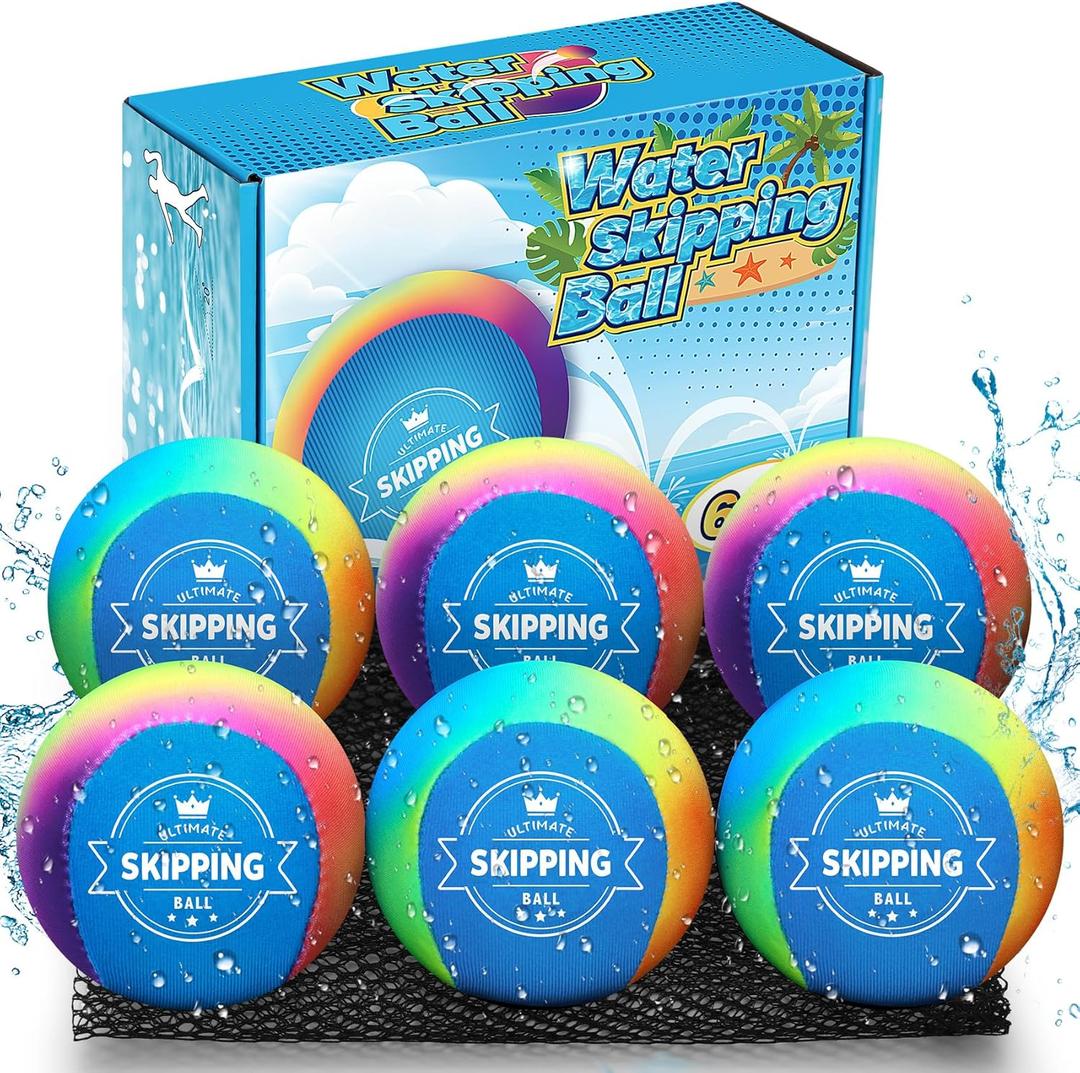6 Pack Skipping Water Balls for Pool Play, Splash Colorful Skip Ball Water Bouncing Ball with Mesh Bag, Summer Fun Lake Pool Beach Toys for Adults