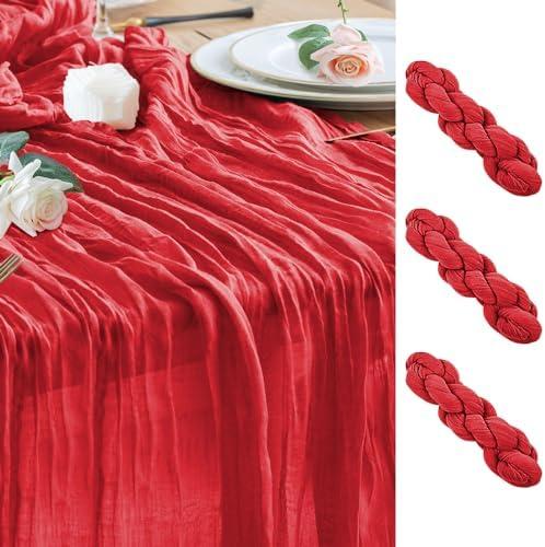 Wokceer Cheesecloth Table Runner 3Pack 10FT Red Boho Gauze Christmas Cheese Cloth Table Runner for Party Easter Rustic Sheer Table Runners for Baby Bridal Shower Wedding Table Decor