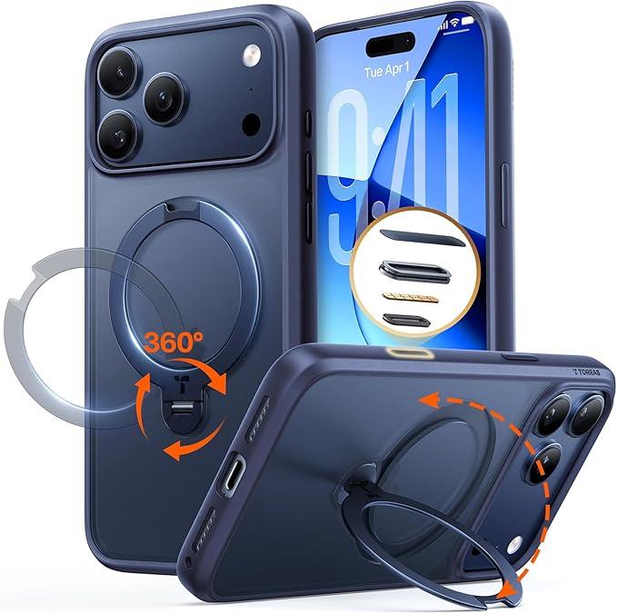 TORRAS Q3 Spin for iPhone 17 Pro Max Case with 360 Magnetic Stand, Wireless Charging Compatible, Hard PC Case for 17 Pro Max Phone Case with Stand, Translucent Cosmic Orange