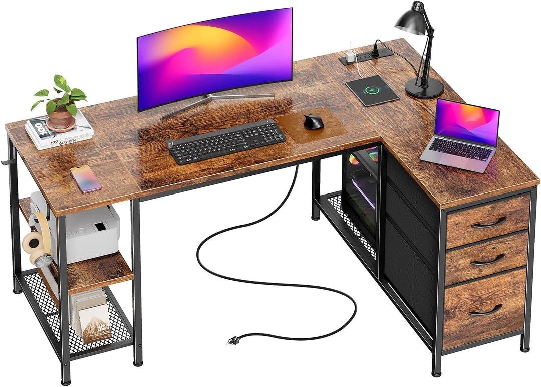 PRAISUN 47.2'' L Shaped Office Desk with Power Outlets and 3 Drawers