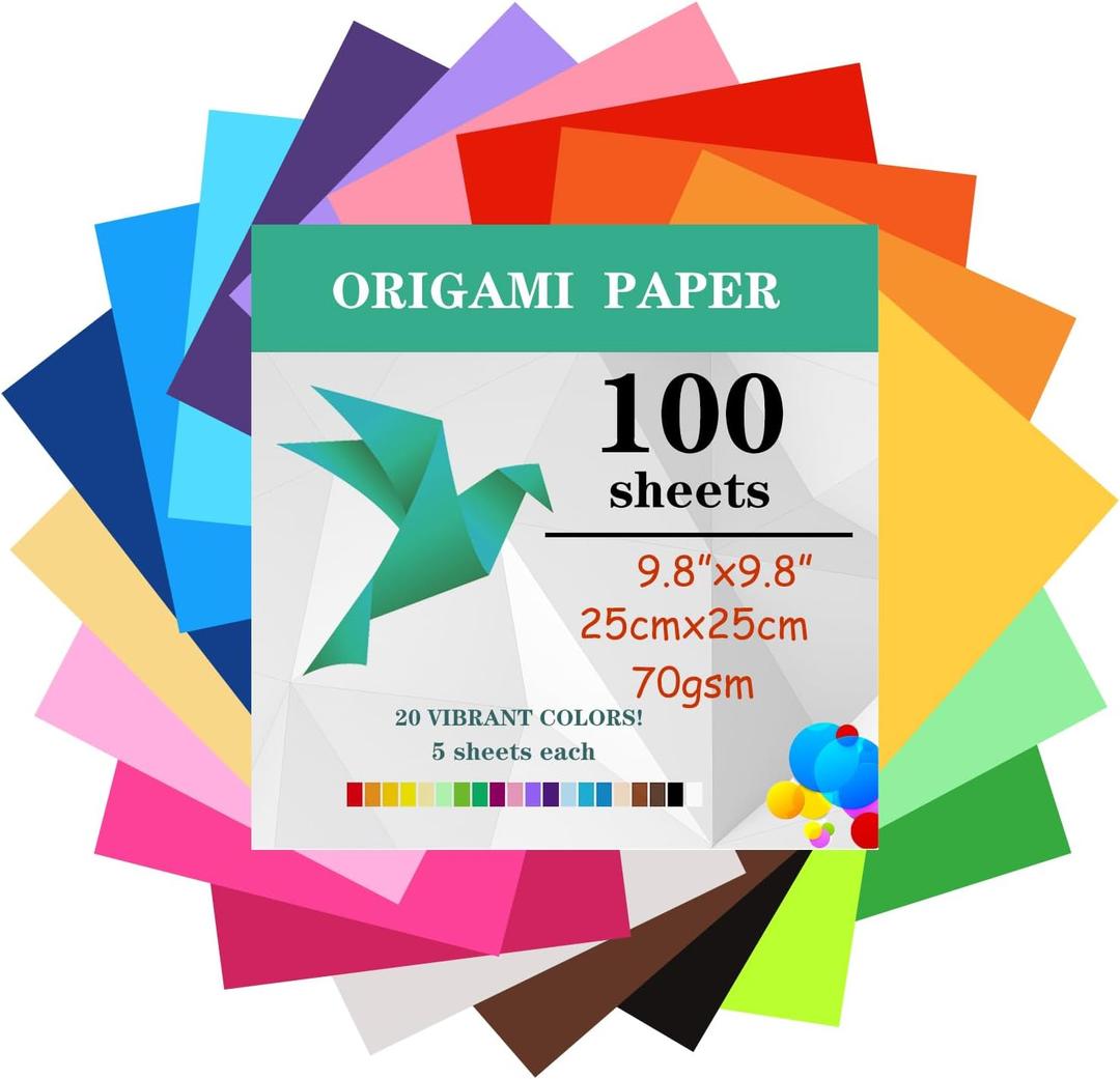 100 Sheets Origami Paper, 25x25 cm/10 Inch Origami Paper Double Sided(70gsm), 20 Colors Large Origami Paper Squares for Kids DIY School Arts Crafts Projects Children Adults
