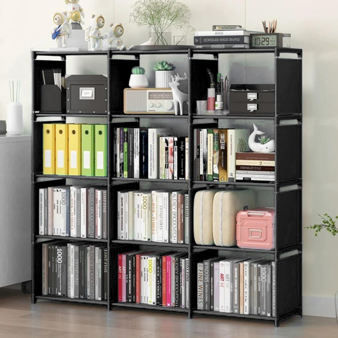 12 Cube Storage Organizer Book Shelves, DIY Open Stackable Bookshelf, Extra Large Plastic Bookcase Rack for Bedroom, Living Room, Home Office, Black