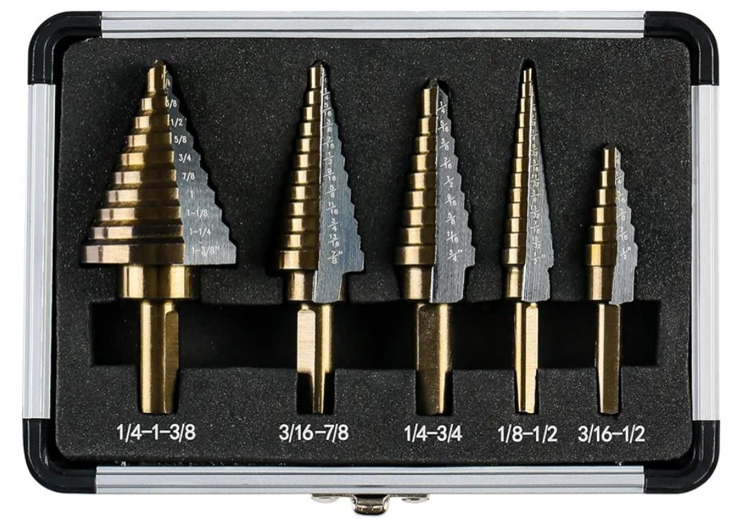 Step Drill Bits, 5PCS HSS Titanium Step Drill Bit Set, 50 Sizes High Speed Steel Step Bits for Metal with Aluminum Case