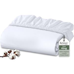 Royale Linens 100% Organic Cotton Fitted Sheet - Percale Weave - Super Soft Deep Pocket Bottom Sheets - White Elastic Sheet King Size - King Fitted Sheets Only - (78"x80"+15", White)