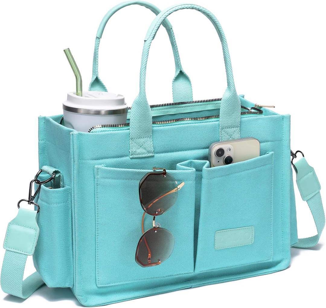 ZHMO Canvas Tote Bag for Women,Women's Bags Crossbody Bags Work Laptop Tote Bag Large Handbags Purse for Travel Nurse Teacher (New Upgrade Plus Green With Compartments and Inner Cup Holder)