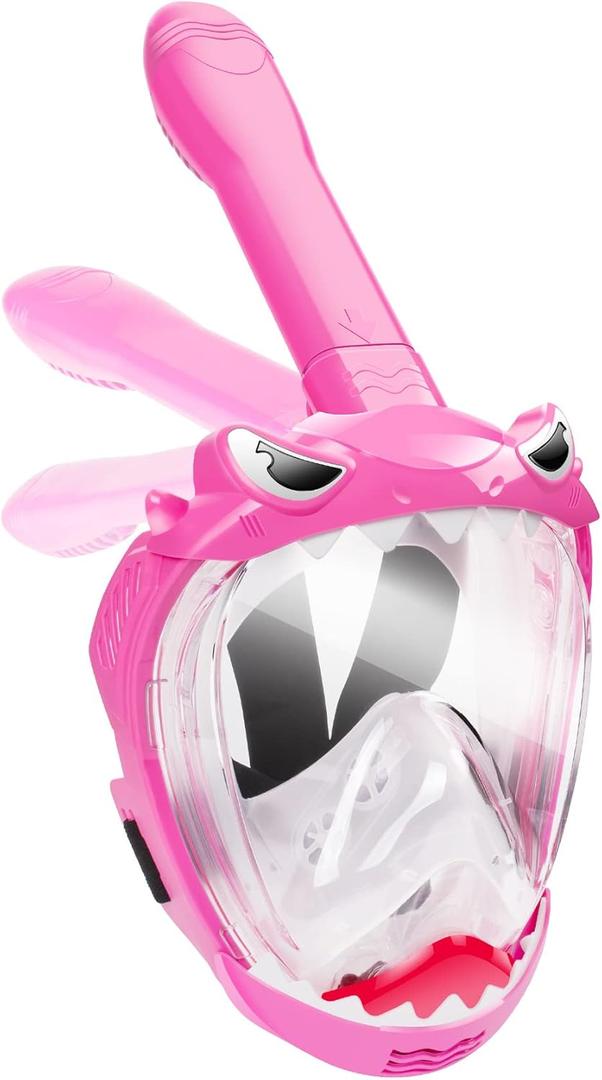 Full Face Snorkel Mask for Kids with 180 Panoramic View, Snorkeling Set Featuring Anti-Leak and Anti-Fog Foldable Dry Top Design for Safe Underwater Adventures Snorkeling Gear for Kids (Pink)