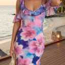 Wenrine Womens Summer Floral Maxi Dress Mesh Spaghetti Strap One Shoulder Casual Ruffle Mermaid Bodycon Party Dresses (Pink, M)