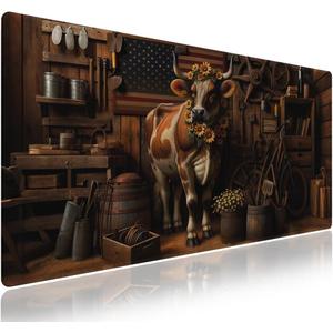 Wknoon. Extra Large Gaming Mouse Pad (31.5" x 11.8") with Durable Stitched Edges  Cow with Sunflowers Rustic American Farmhouse Barn Themed and Grunge Old Glory, Anti-Slip Base Extended XXL Desk Mat