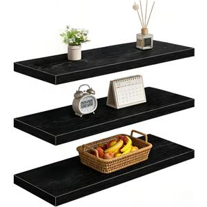 Vervida Floating Shelves, 35.4 inch Wall Mounted Rustic Wood Shelves for Bathroom, Bedroom, Living Room, Kitchen, Office, Hanging Shelf for Books/Storage/Decor(Black, Set of 3)