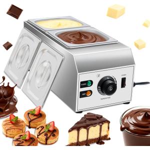 1000W Electric Chocolate Tempering Machine, Commercial Chocolate Melter with 2 Cylinders, Water Bath Heating, Adjustable Thermostat & Indicator Light, Stainless Steel Chocolate Warmer
