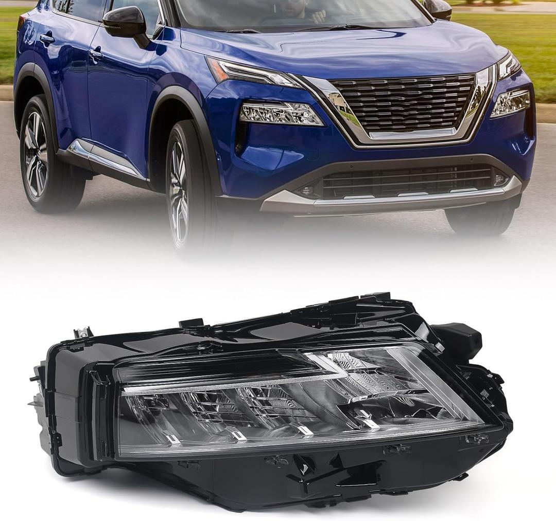 Huray LED Headlight Assembly Fit for Nissan Rogue SL/SV 2021 2022 2023 RH Projector Headlamp Replacement OE Style Right Passenger Side (Chrome Housing) (Clear)