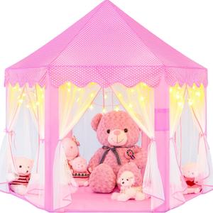 EVOIONOS Princess Tent for Girls, Kids Play Tent with LED Star Lights, Castle Playhouse for Children Indoor Outdoor Games, 55X53 inches, Pink