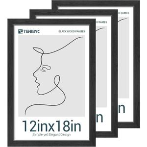 12x18 Poster Frames Set - 3 Pack - Black Solid Wood Picture Frame - Tempered Glass - Exclusive Woodgrain - Rooms, Offices, Gallery, Studio, and Hallway, Wall Display Decor