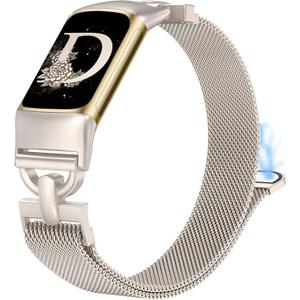 Stainless Steel Magnetic Loop Compatible with Fitbit Charge 6/Charge 5 Bands for Women, Slim Metal Mesh D-shaped Clasp Dressy Wristband Strap Replacement for Charge 6/Charge 5 Band