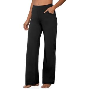 VOOVEEYA Wide Leg Pants for Women, Yoga Pants with Pockets High Waist Casual Straight Dress Pants Petite/Tall/Regular (Petite Black L New) (Black, L)