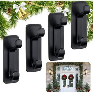 4 Pcs Wreath Hanger Christmas Holder for Front Door, 5 lb Adhesive Wall Hooks Door Hanger Stick on Christmas Stocking Holder Welcome Decoration Sign (Black)