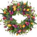22 inch Spring Summer Wreath Tulip Wreath for Front Door with Purple Tassels, Eucalyptus Leaves, Ferns, Butterflies for Indoor Outdoor Wall Festival Home Farmhouse Wedding Decor