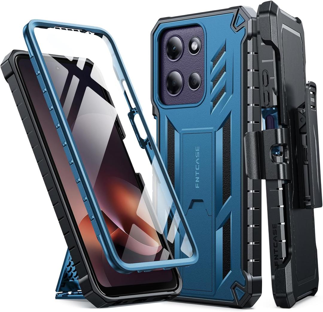 FNTCASE for Motorola Moto G-Power-5G-2026 Case: Military Grade Rugged Cell Phone Cover with Kickstand & Belt Clip Holster | Shockproof TPU Protection Bumper Matte Textured Heavy Duty Protector (Blue)