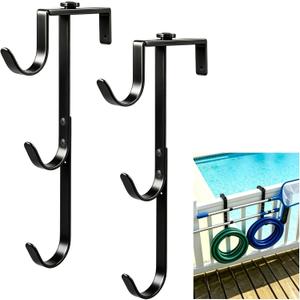 2 Pack Upgraded 3-Tier Pool Fence Hooks for Pool Equipment, Adjustable Heavy Duty Pool Pole Hanger Holder, Rustproof Hooks for Pool Skimmer Pole Vacuum Hose Net Leaf Rakes Garden Tool Organizer