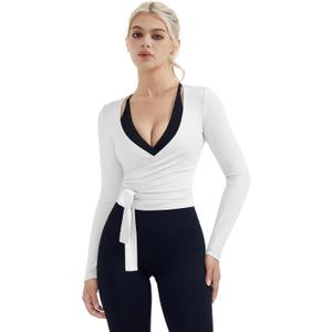 SUUKSESS Women Pilates Wrap Workout Cropped Top Ribbed Long Sleeve V Neck Tie Front Ballet Yoga Shrug Blouse (White, XS)