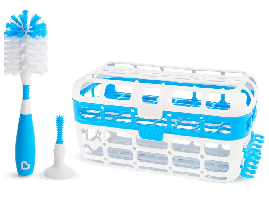 Munchkin Baby Bottle & Small Parts Cleaning Set, Includes High Capacity Dishwasher Basket & Bristle Bottle Brush, Blue