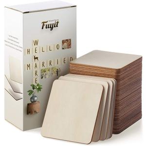 Fuyit Unfinished Wood Pieces, 50Pcs 4 x 4 Inch Blank Natural Wood Square Wooden Cutouts Board for DIY Crafts Painting, Scrabble Tiles, Coasters, Decoration