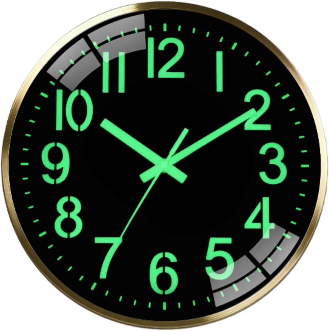 Modern 12 Inch Silent Wall Clock, Non-Ticking Quiet Sweep Movement, Premium Metal Frame, AA Battery Operated Easy to Read Decor Clock Luminous wall Clock (Light Gold)