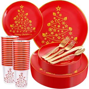 LIYH 150 Pcs Red Plastic Christmas Plates - Disposable Dinnerware Set, Christmas Plastic Plates, Red Silverware Set, Disposable Xmas Cups 10 OZ Holiday Tableware Dishes for Xmas Day 25 Guests