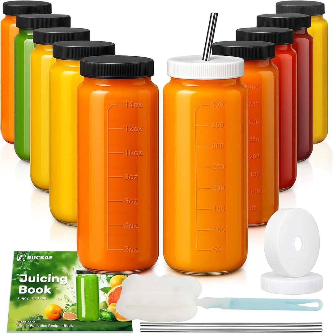 Ruckae 16oz 10 Pack Juice Bottles, Glass Bottles with Lids, Smoothie Cup Lids and Straws, Water Bottle Mason Jar Drinking Glasses for Juicing, Smoothies, Kombucha (Transparent)