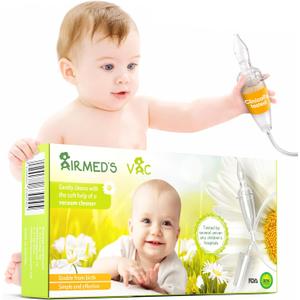 Airmed's Vac Nasal Aspirator Baby. CLINICALLY Tested, Safe and Gentle. Baby Nose Sucker with 2 Suction Heads and Cleaning Brush. Safe and Gentle Baby Nasal Aspirator with Strength of a Vacuum Cleaner