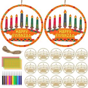 Cinrobiye 12 Set Kwanzaa Wooden Craft DIY Kinara Hanging Wooden Ornaments Art&Crafts Make Your Own African American Heritage Festival Hanging Sign for Office Home School Party Favor Decor Supplies