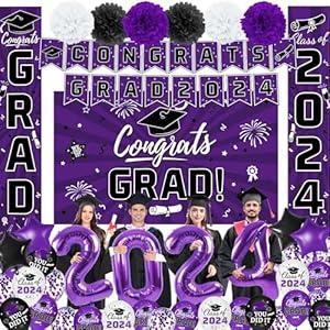 Graduation Party Decorations Purple Class of 2024 Graduation Party Supplies Include Grad Backdrop, Banner, Porch Sign, Balloons, Foil Number 2024 for Congrats Grad Party Supplies