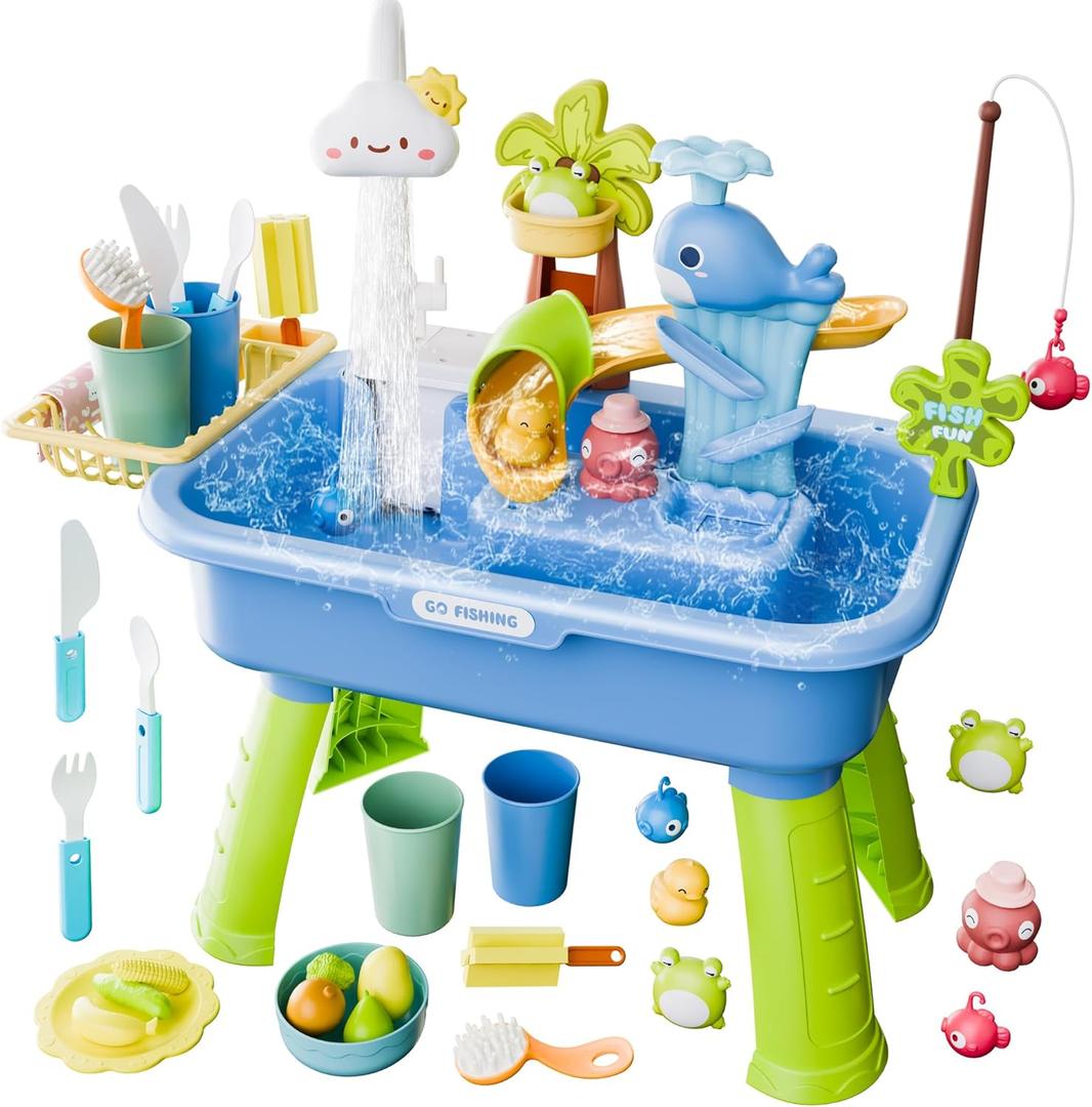 2026 Upgraded Water Table for Toddlers 3+, Water Table for Kids Ages 4-8 with Pump, Play Sink with Running Water, Kitchen Sink for Toddlers, Fishing Game and Outside Sensory Toys (Blue)