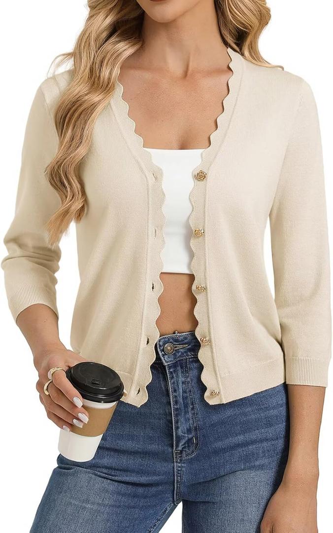 GRACE KARIN Women's 3/4 Sleeve V Neck Button Down Lightweight Cardigan Sweater Open Front Dressy Shrugs Spring Fashion (Large, Apricot)