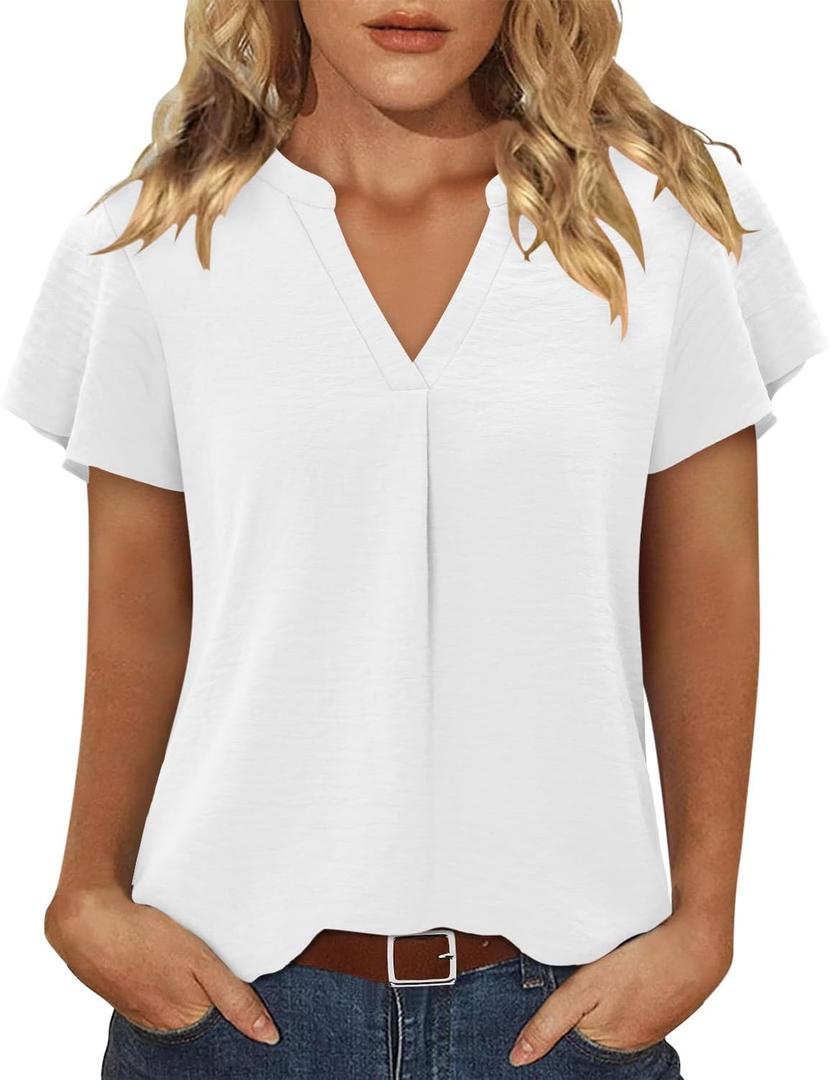 KISSMODA Summer Tops for Women Short Sleeve Shirts Blouses Dressy Casual Date Outfits V Neck Clothes (Large, 1_white)