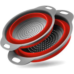 Collapsible Colander Set of 2 Silicone Kitchen Strainer Set, Perfect for Draining Pasta, Vegetable and fruit for Kitchen and Travel Use (Red)