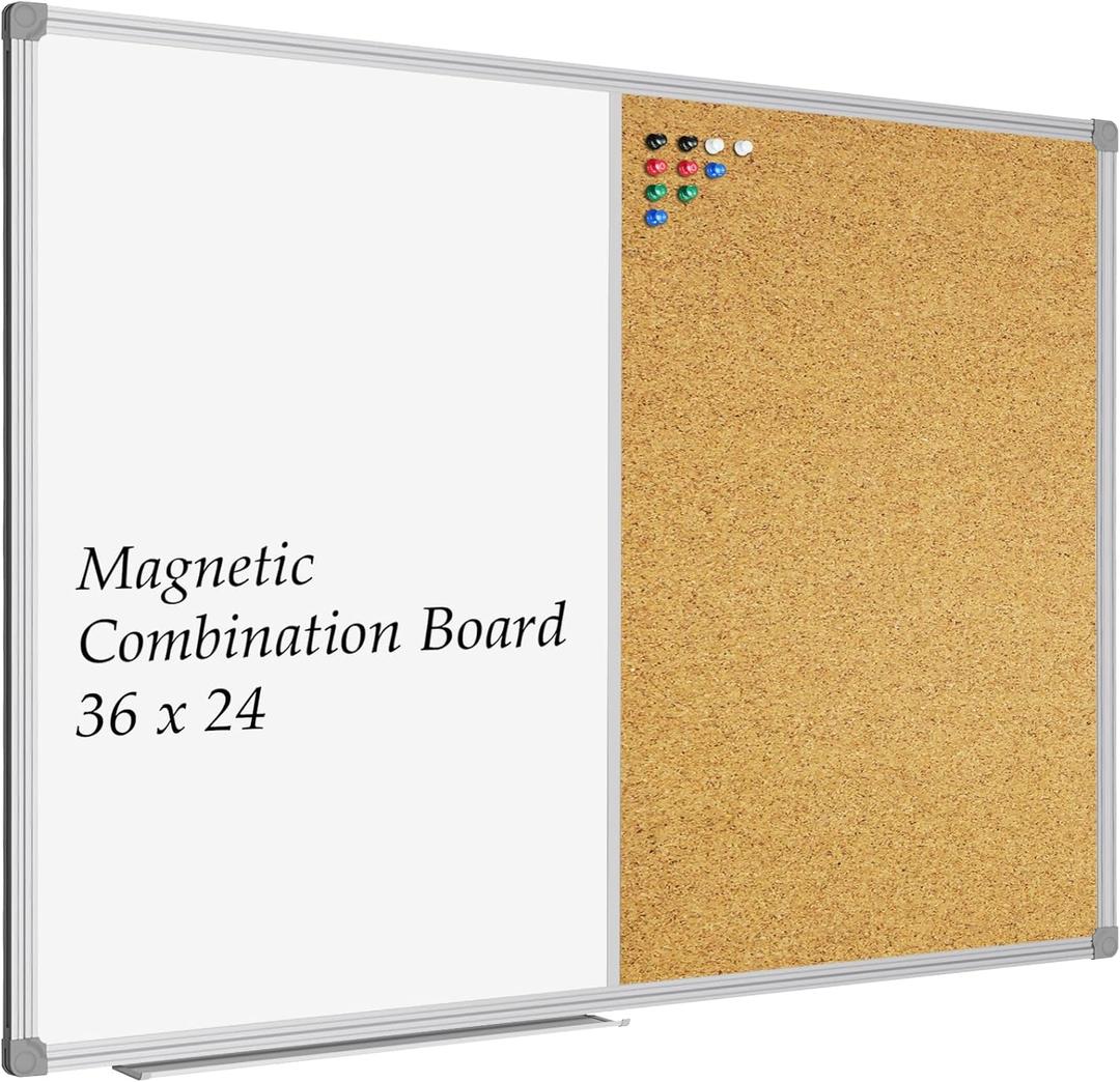 JILoffice White Board & Bulletin Corkboard Combination, Combo Board 36 x 24 Magnetic Whiteboard, Silver Aluminum Frame Wall Mounted Board for Office Home and School with 10 Push Pins