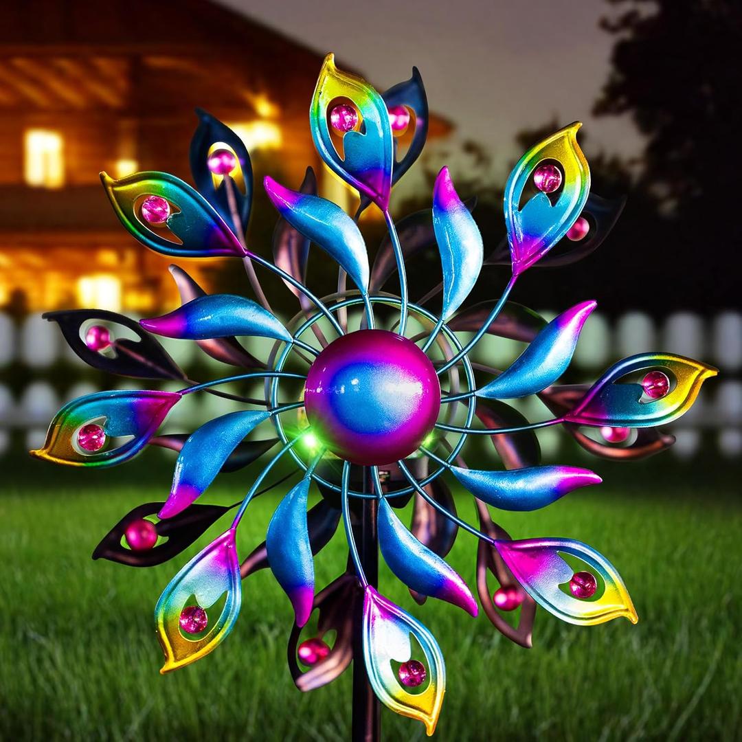 360Peacock Solar Wind Spinner with Lights Blue Metal Garden Outdoor Decor Yard Lawn Art Decor for Patio Kinetic Windmills Unique Gifts for Friends and Family 51.9' H x 12.2'' Dia