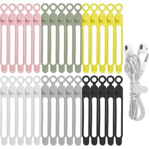 30Pcs Nearockle Silicone Cable Ties for Bundling Earphone, Phone Charger, Computer Cords, Reusable Cord Organizer Cable Management in Home,Office,Kitchen,School (6 Colors) (4.2 Inch)
