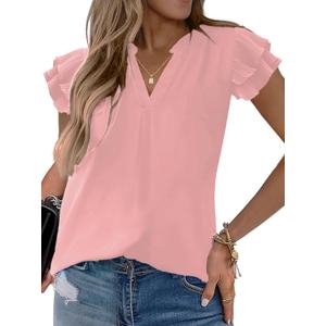 Sucolan Women's Summer Tops Dressy Casual Notch V Neck Ruffle Short Sleeve Flowy Shirts Cute Blouses Tops (Pink, S)