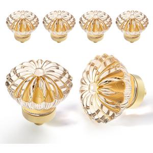 4 Pack Modern Decorative Cabinet Knobs - Champagne Gold & Clear Crystal Drawer Pulls for Dresser, Closet, Cupboard, Bathroom, Kitchen Furniture - Acrylic, Glass, Copper & Gold Accents